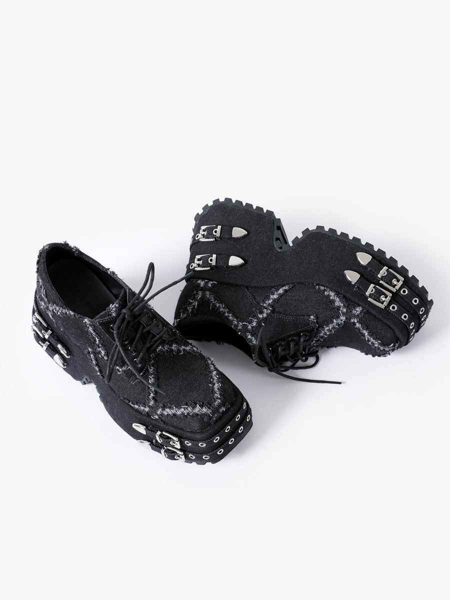 Women original design punk goth style buckle square platform shoes