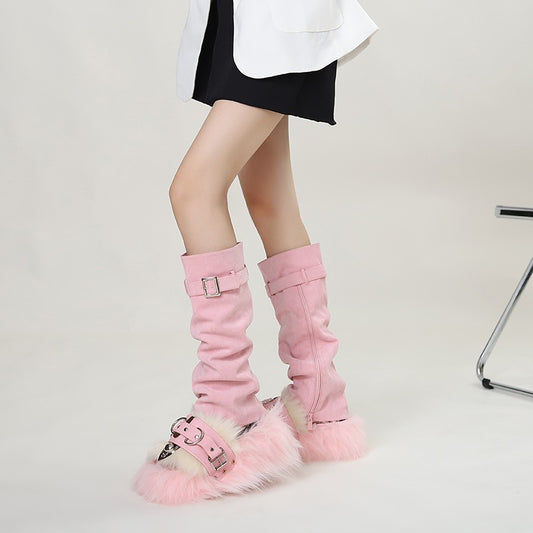 Pink dopamine boots for women furry slippers