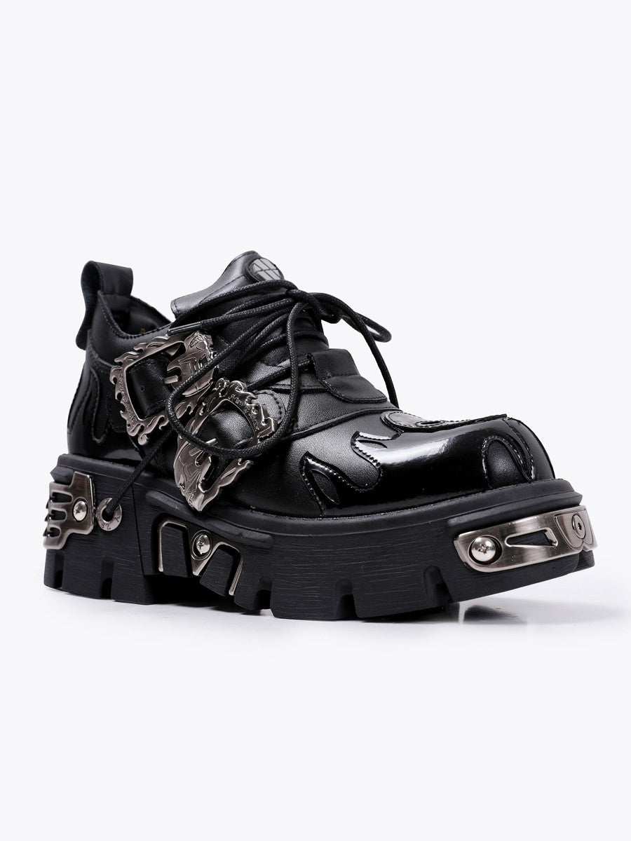 Retro rock leather shoes metal dark flame low top shoes