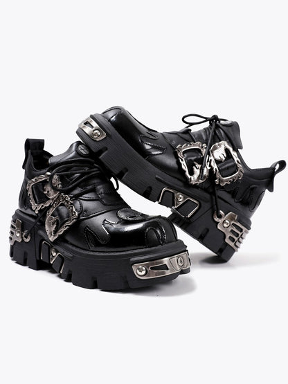 Retro rock leather shoes metal dark flame low top shoes