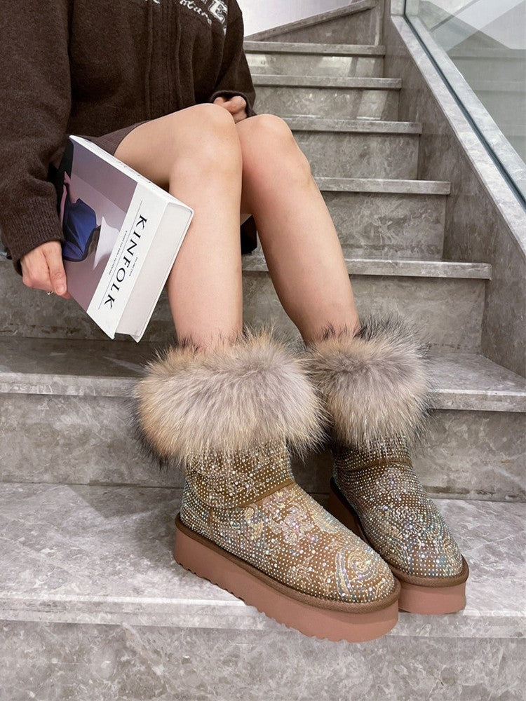 Rhinestone Full Diamond Fox Fur Shoes Snow Cotton Boots