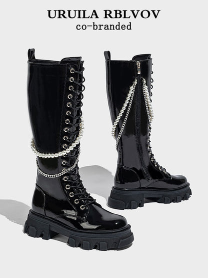 Black pearl chain knight boots