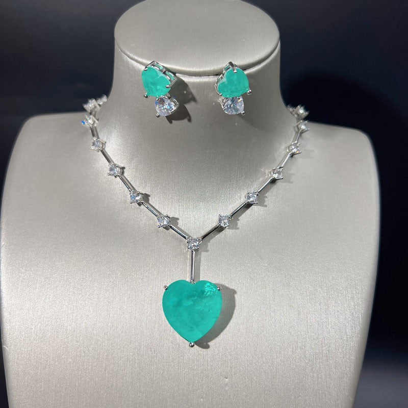 Lake blue love heart adjustable clavicle chain necklace set