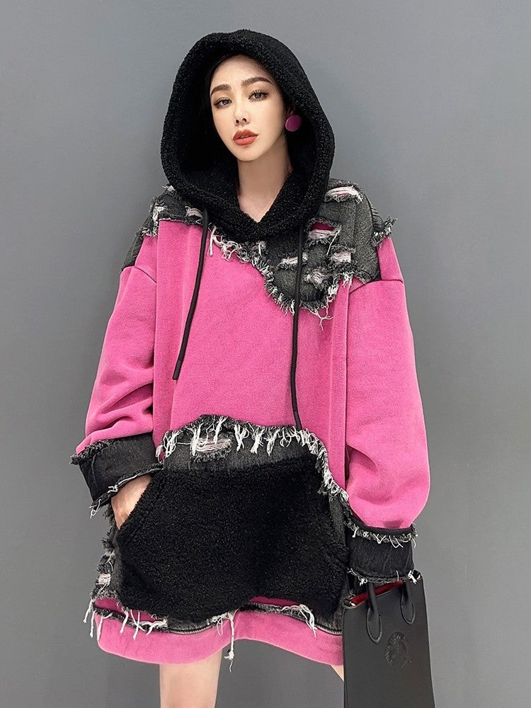 Jean Pullover Mid-Length Pink Hoodies