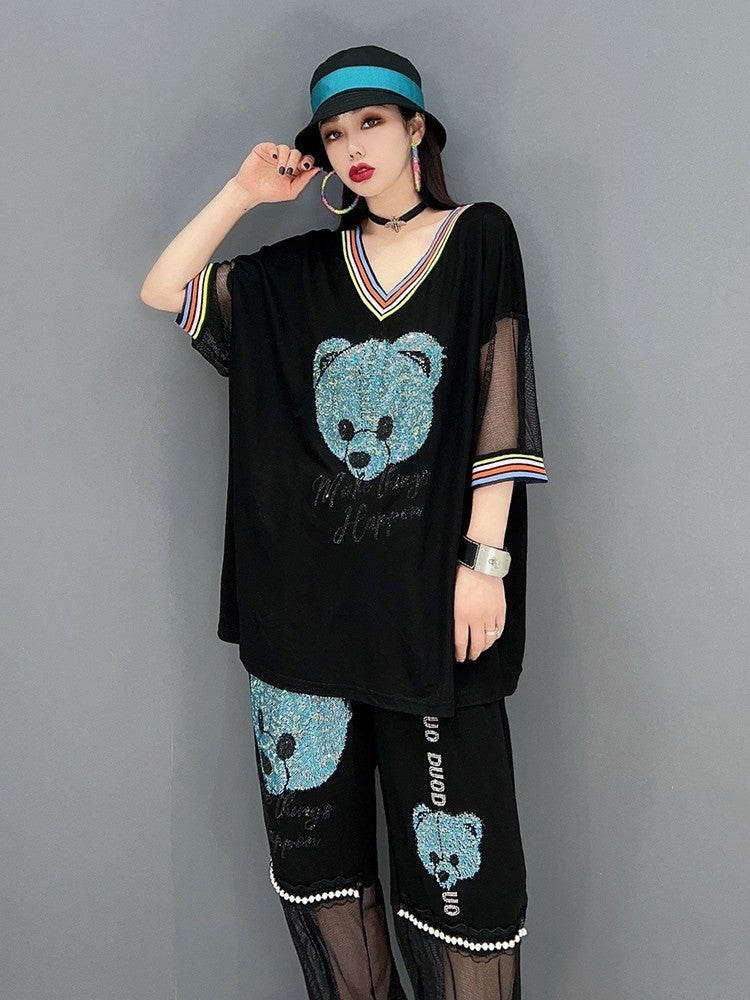 Panda graphics Fashion Set V-neck Top