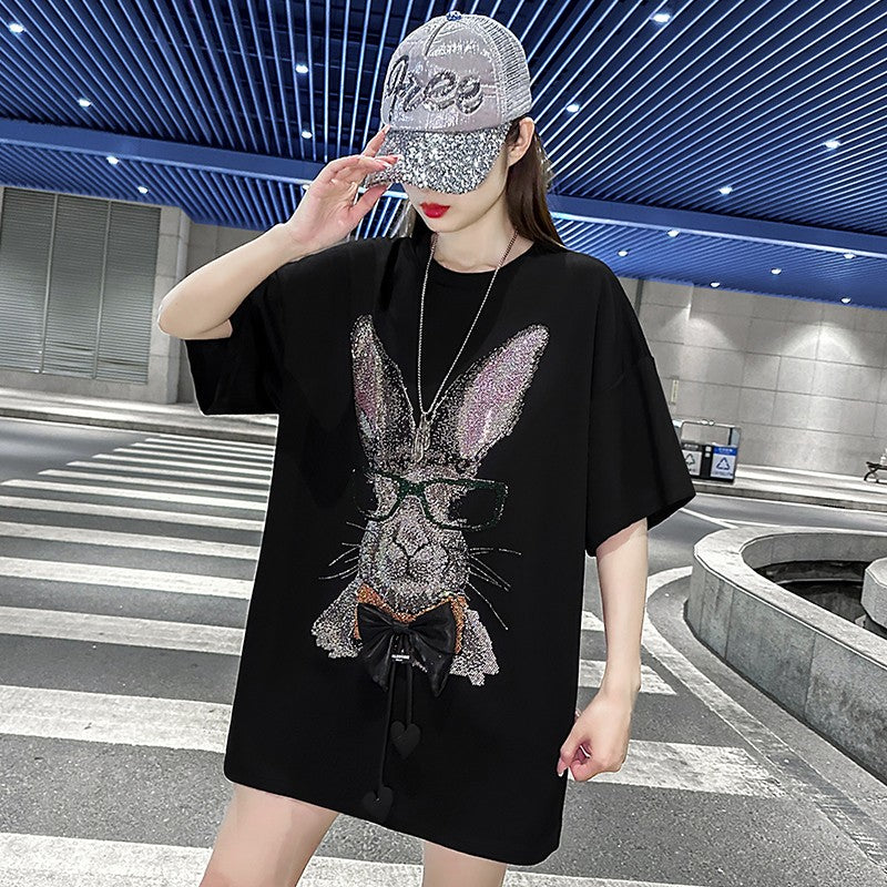 Rabbit Heavy Industry hot diamond short-sleeved T-shirt womens