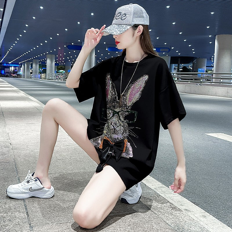 Rabbit Heavy Industry hot diamond short-sleeved T-shirt womens