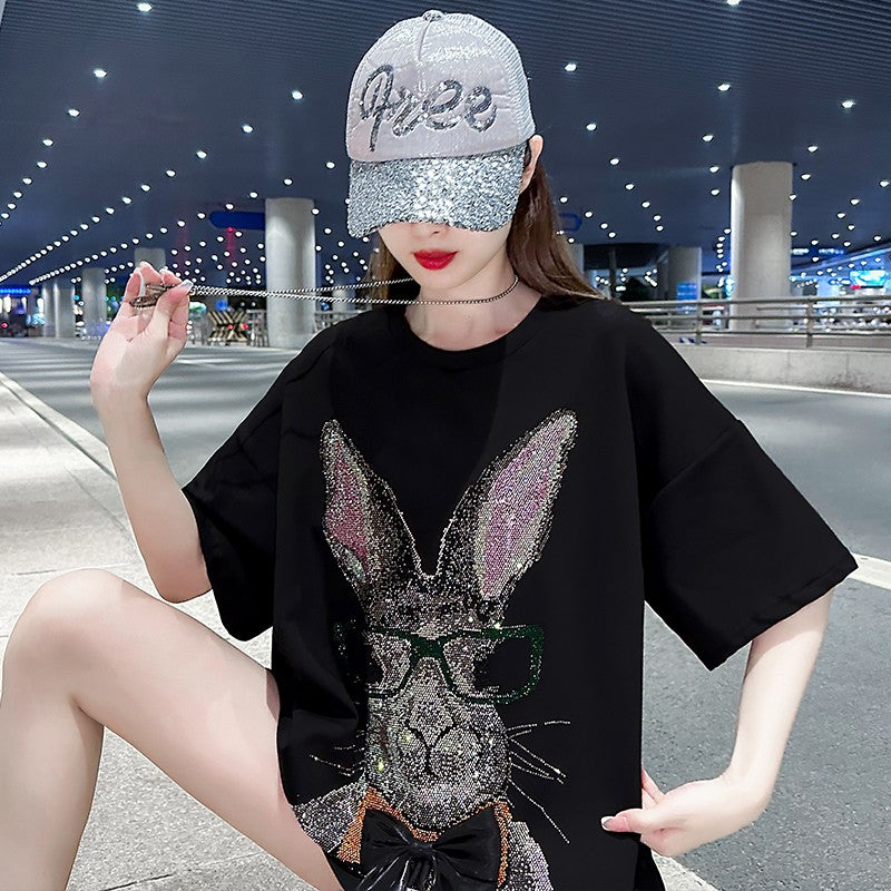 Rabbit Heavy Industry hot diamond short-sleeved T-shirt womens