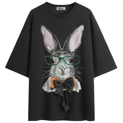 Rabbit Heavy Industry hot diamond short-sleeved T-shirt womens