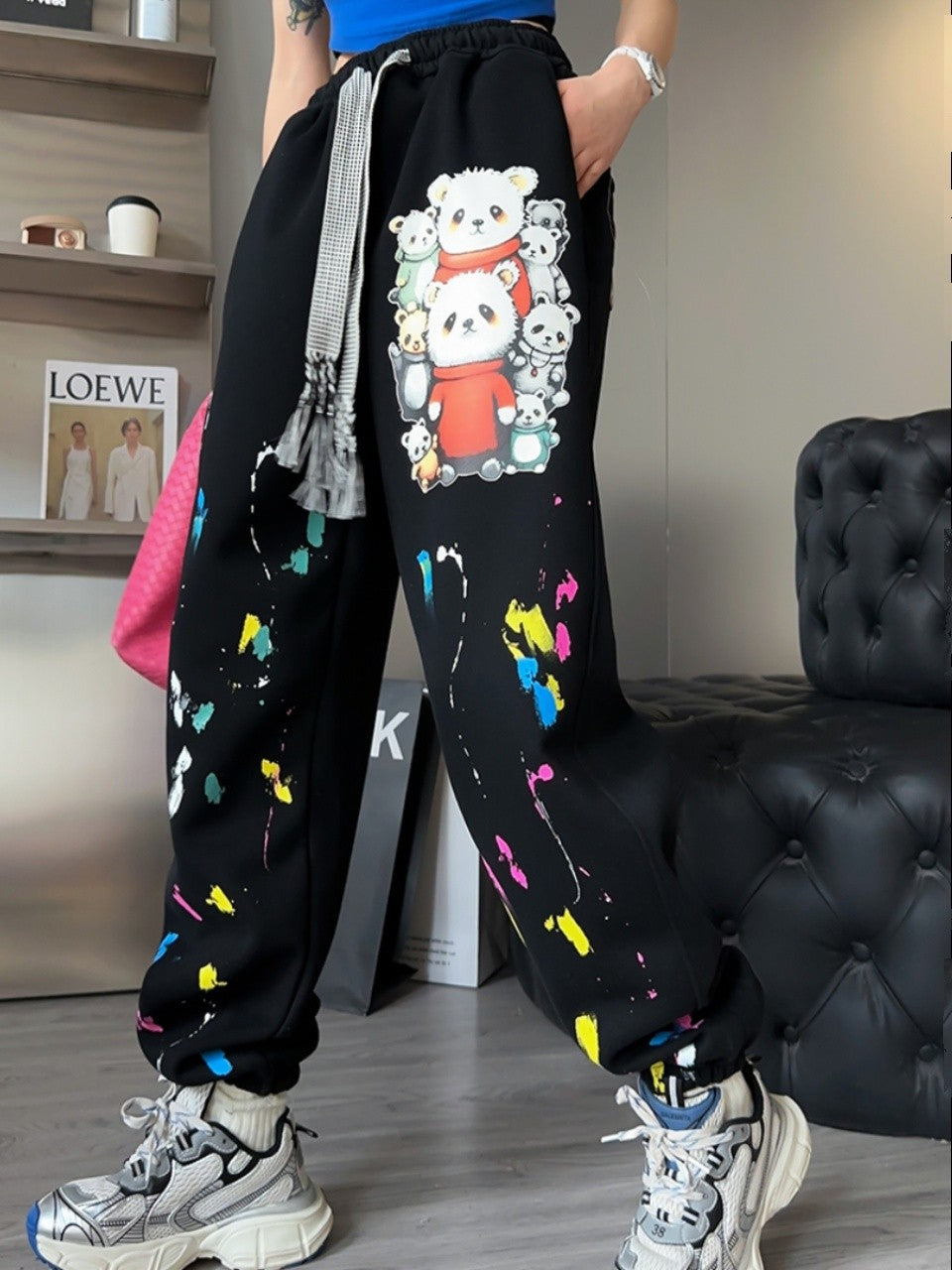 Cartoon printed drawstring leggings sweatpants for women