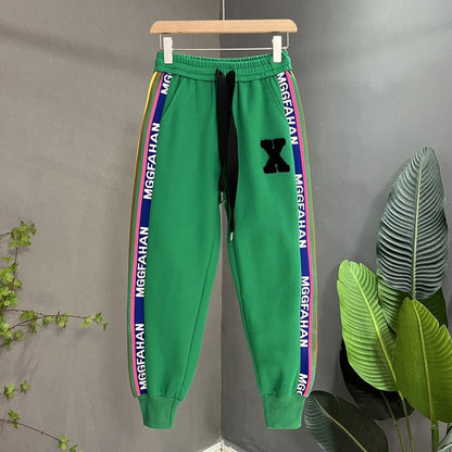 Versatile Color Striped Lettering Green Sweatpants