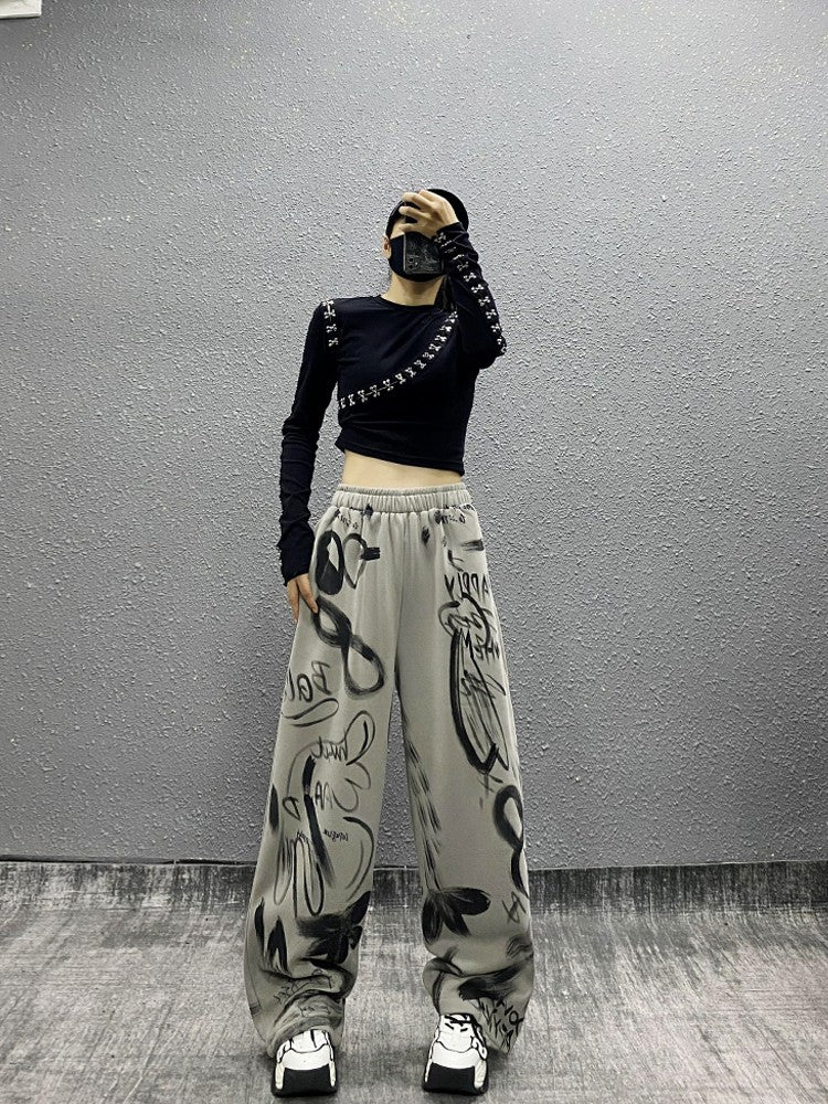 Ink printing plus sports casual pants for women wide-leg pants