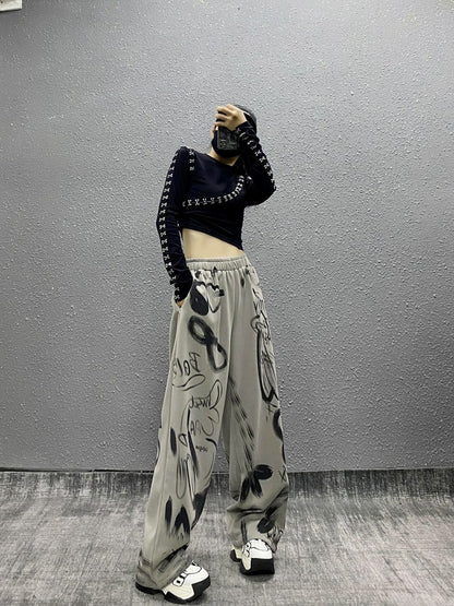 Ink printing plus sports casual pants for women wide-leg pants