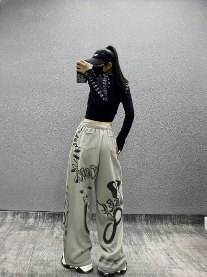 Ink printing plus sports casual pants for women wide-leg pants