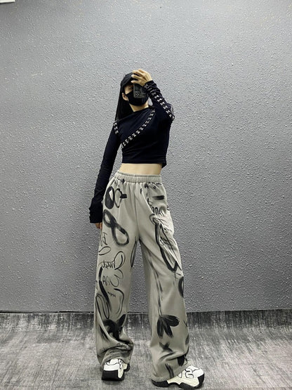 Ink printing plus sports casual pants for women wide-leg pants