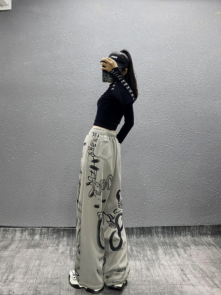 Ink printing plus sports casual pants for women wide-leg pants