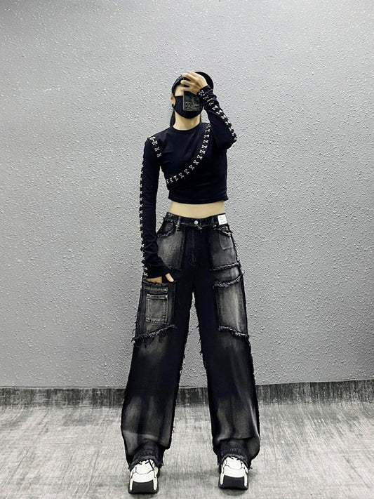 Cargo Raw Edge Casual Jeans Wide Leg Pants