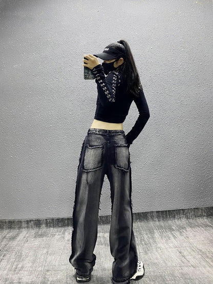 Cargo Raw Edge Casual Jeans Wide Leg Pants