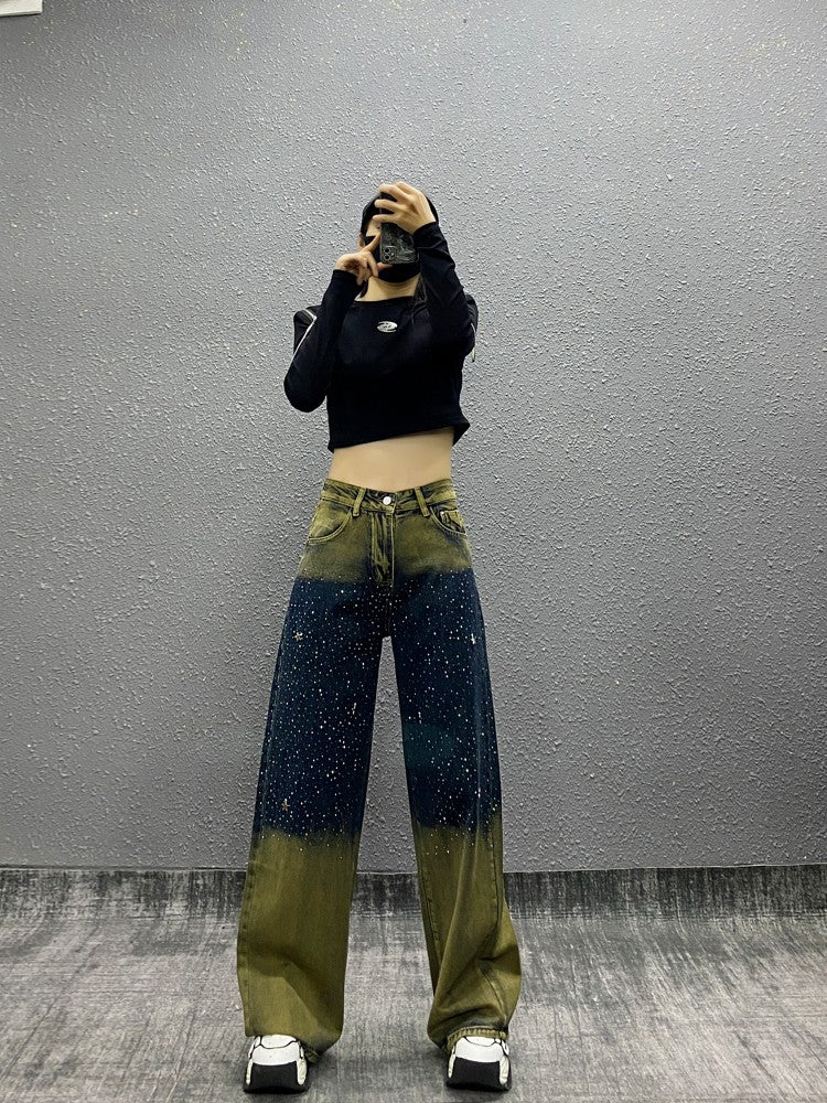 Diamond Color Matching High Waist Loose Wide Leg Pants