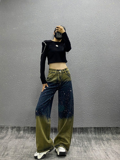 Diamond Color Matching High Waist Loose Wide Leg Pants