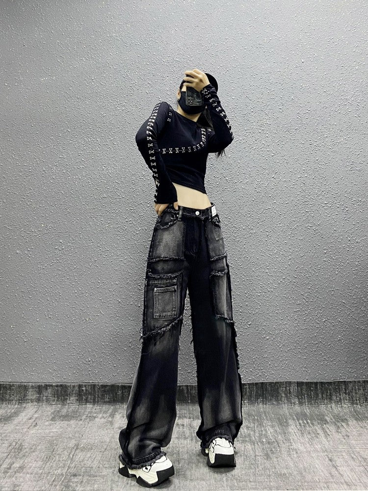 Cargo Raw Edge Casual Jeans Wide Leg Pants