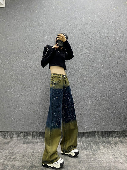 Diamond Color Matching High Waist Loose Wide Leg Pants