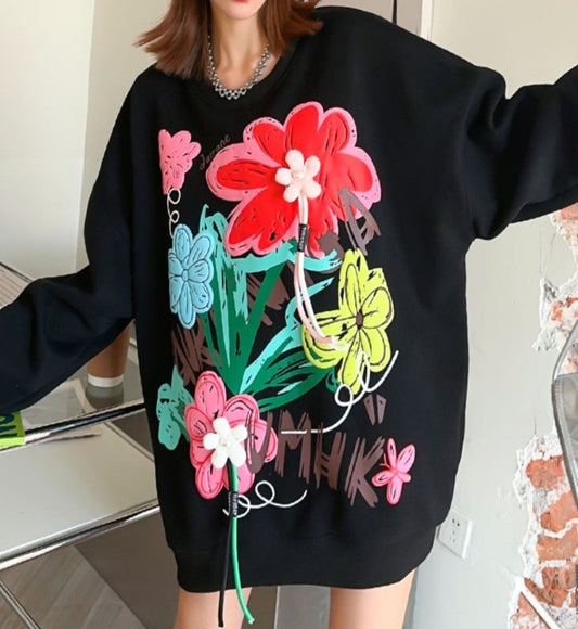 Oversized casual base floral ribbon women hoodies