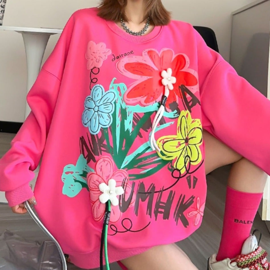 Oversized casual base floral ribbon women hoodies