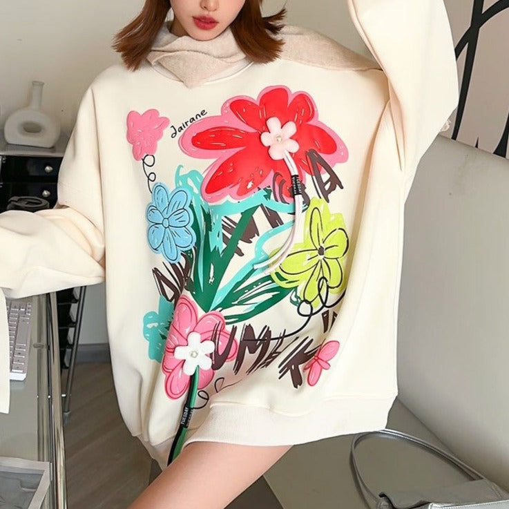 Oversized casual base floral ribbon women hoodies