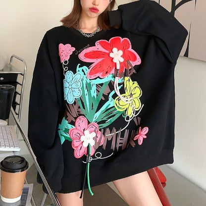 Oversized casual base floral ribbon women hoodies