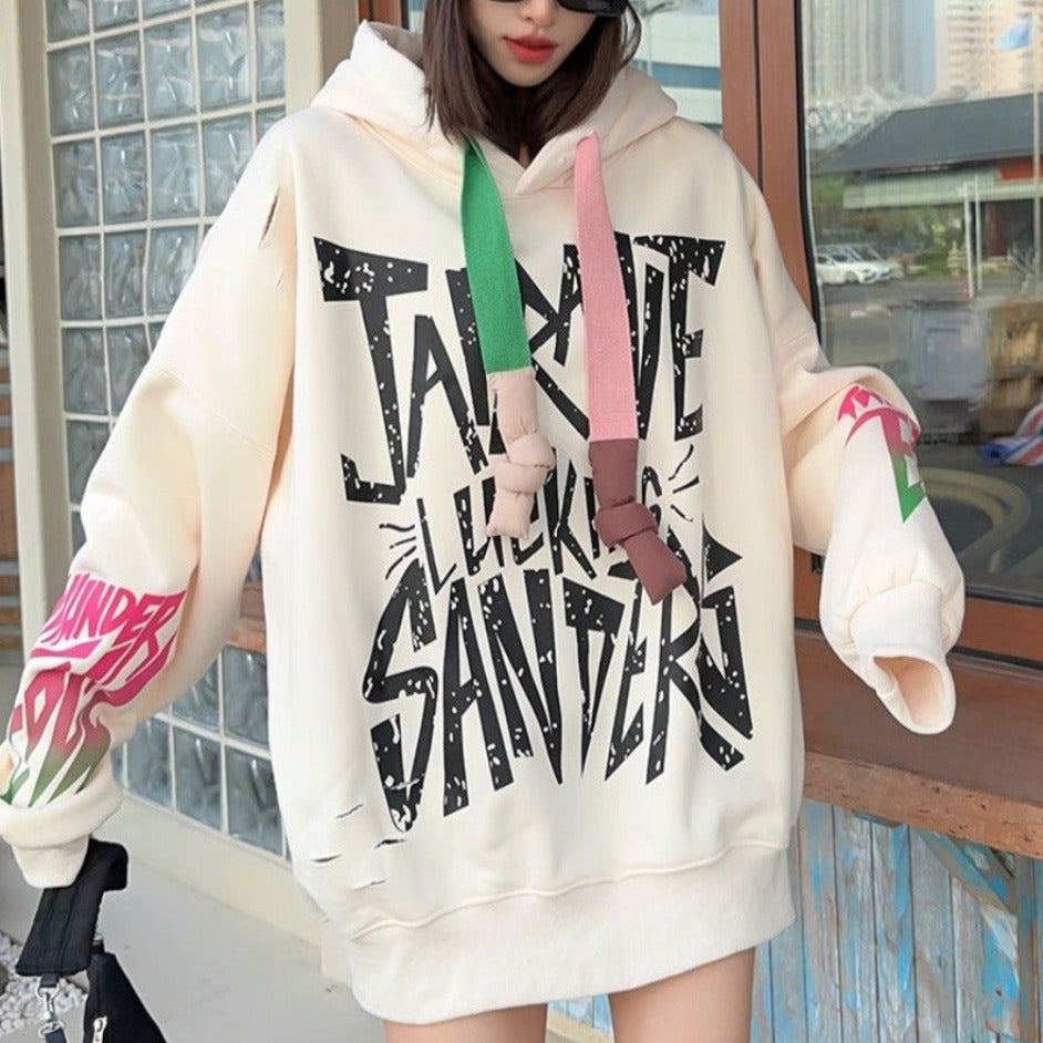 oversized graffiti with plush hooded hoodie for women's