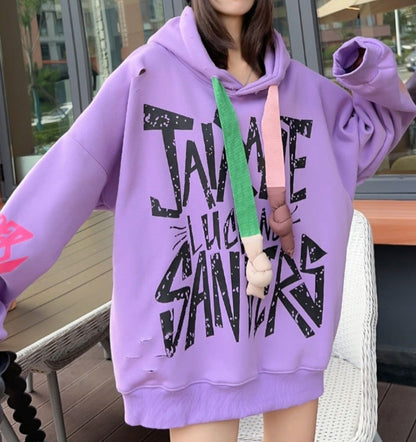 oversized graffiti with plush hooded hoodie for women's