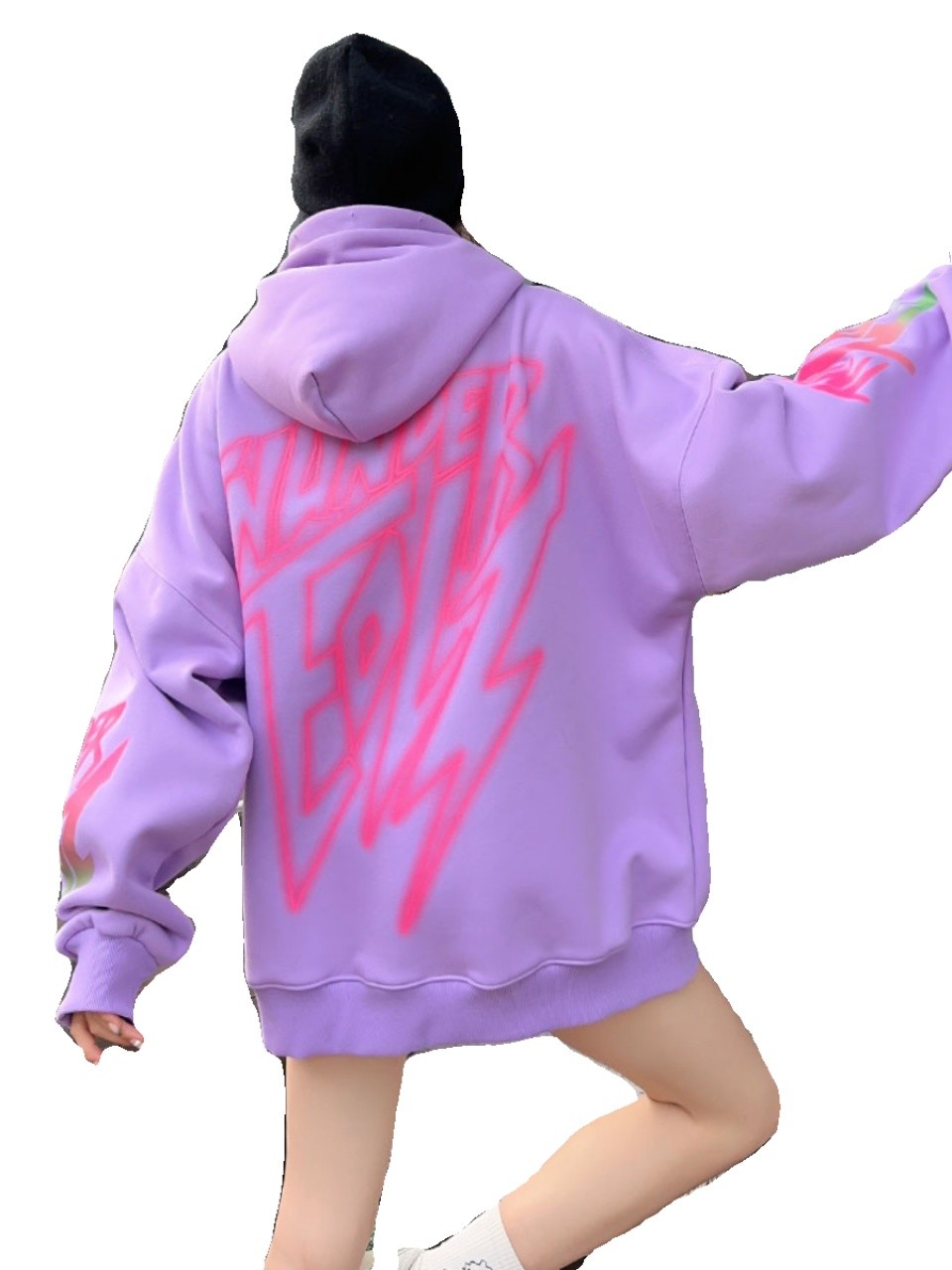 oversized graffiti with plush hooded hoodie for women's