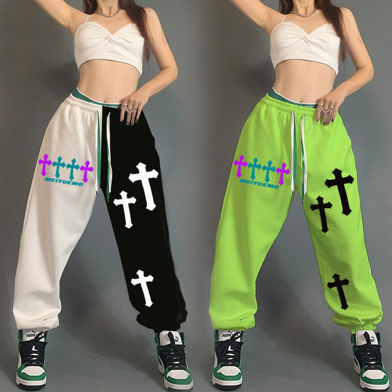 Cross print loose fit pants for women