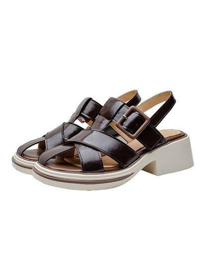 Women height increased brown leather sandals breathable shoes