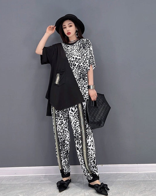 Fling women suit set casual leopard print top