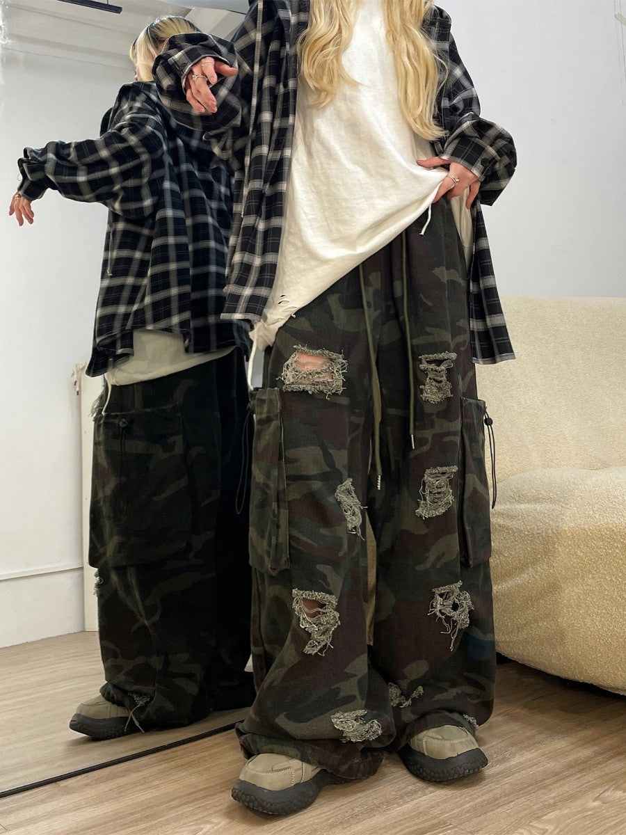 Dramatic girly camouflage overalls wide-leg pants