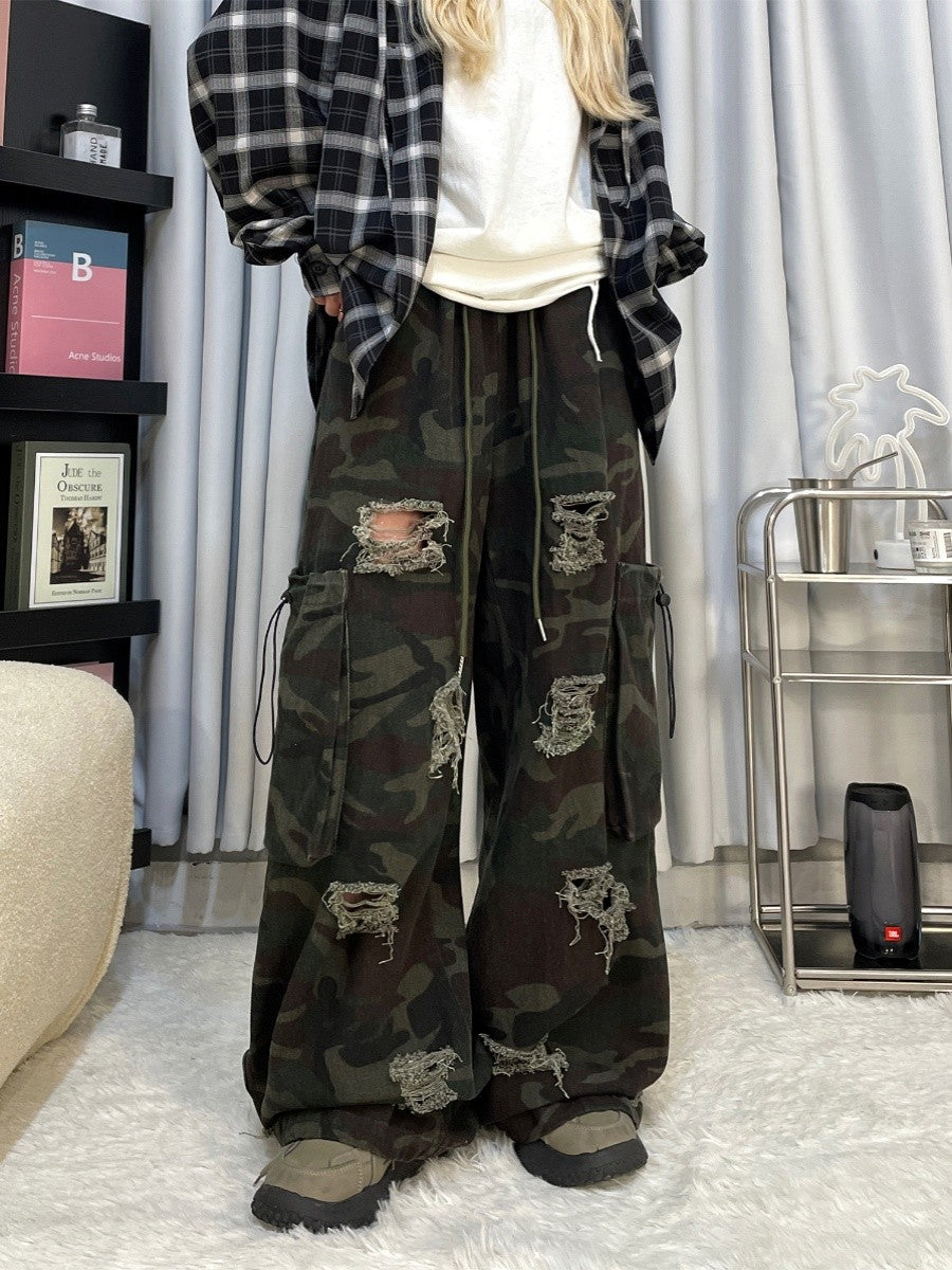 Dramatic girly camouflage overalls wide-leg pants