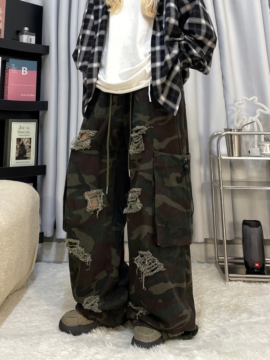 Dramatic girly camouflage overalls wide-leg pants