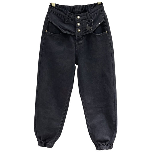 Black leg-tie harem jeans women's button-down loose pants