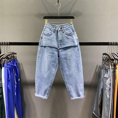 Splicing high-waisted denim for women loose baggy pants