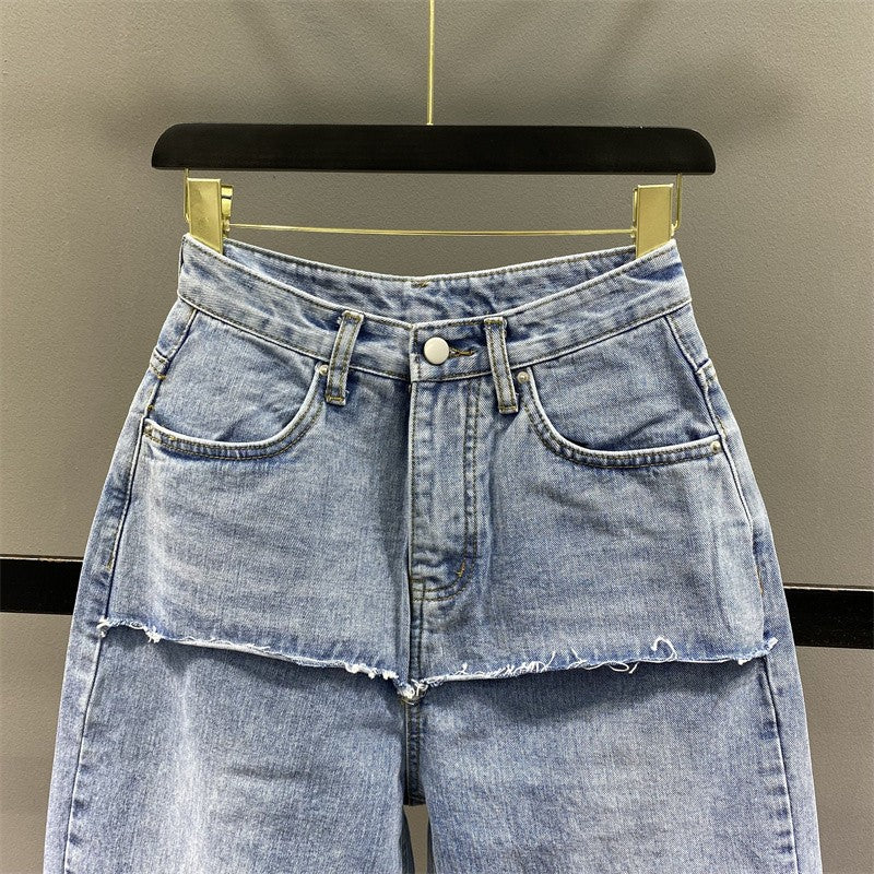 Splicing high-waisted denim for women loose baggy pants