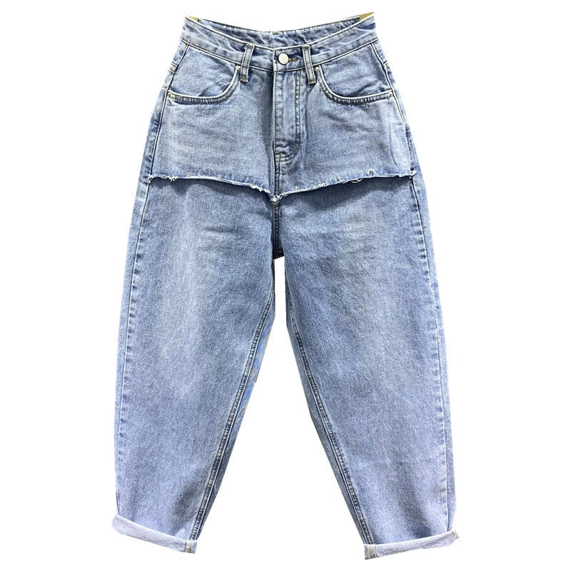 Splicing high-waisted denim for women loose baggy pants