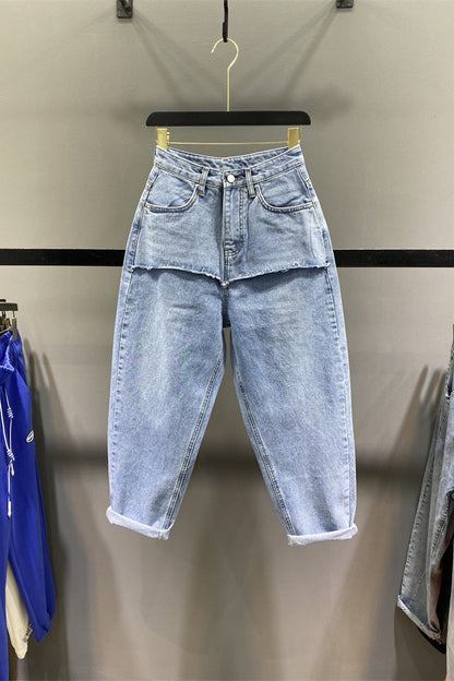 Splicing high-waisted denim for women loose baggy pants