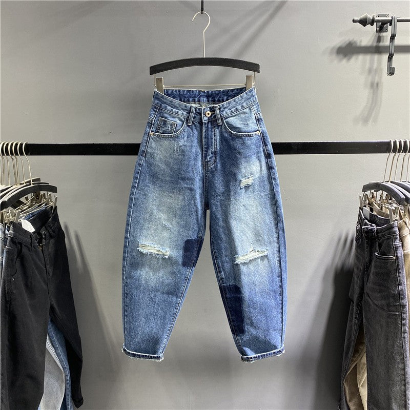 Contrasting ripped denim men baggy pants