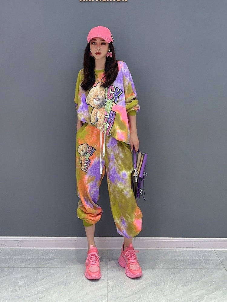 Tie-dyed bear sweatshirt two-piece sports suit for women