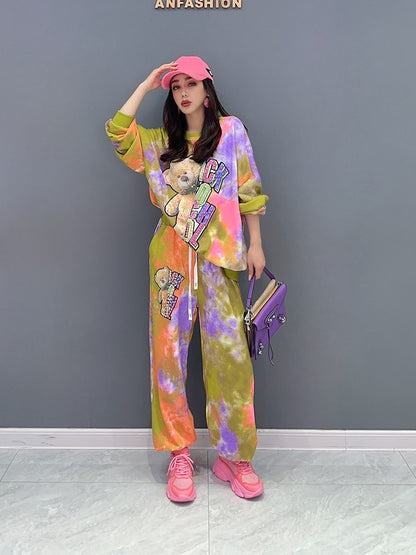 Tie-dyed bear sweatshirt two-piece sports suit for women