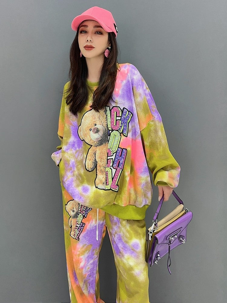 Tie-dyed bear sweatshirt two-piece sports suit for women