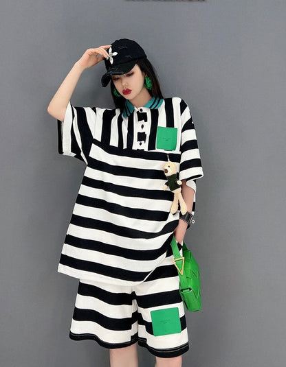 Set suit fashion striped T-shirt shorts two pieces