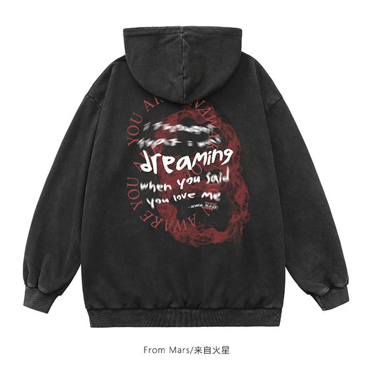 Red smoke dark blur letter print hoodies